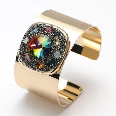 Fashnzfab Square Glass Stone Embellished Bling Studded Pointed Cuff Bracelet Gold, Multi