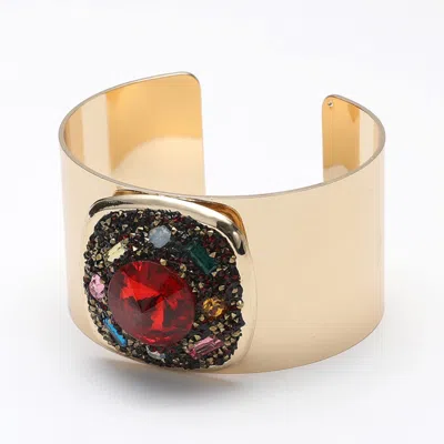 Fashnzfab Square Glass Stone Embellished Bling Studded Pointed Cuff Bracelet Gold, Red In Multi