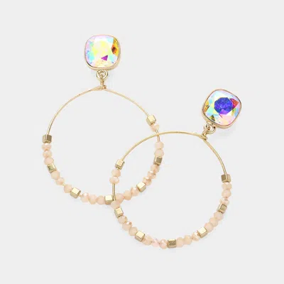 Fashnzfab Square Glass Stone Pointed Faceted Beaded Open Circle Dangle Earrings - Neutral In Multi