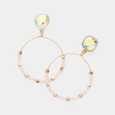 Fashnzfab Square Glass Stone Pointed Faceted Beaded Open Circle Dangle Earrings - Pink In Gold