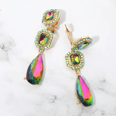 Fashnzfab Square Halo Teardrop Stone Cluster Link Drop Evening Clip On Earrings In Green