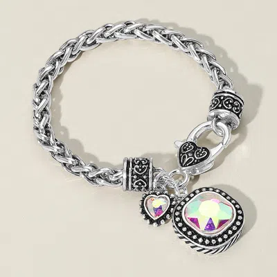 Fashnzfab Square Heart Stone Charm Bracelet Ab, Antique Silver In Multi