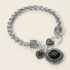 Fashnzfab Square Heart Stone Charm Bracelet Antique Rhodium, Black In Multi