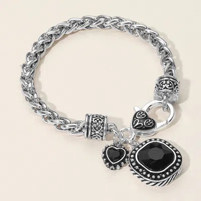 Fashnzfab Square Heart Stone Charm Bracelet Antique Rhodium, Black In Multi