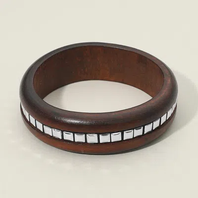 Fashnzfab Square Metal Stud Line Center Wooden Bangle Bracelet - Brown