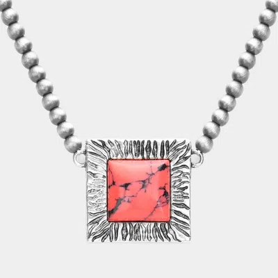 Fashnzfab Square Natural Stone Accented Pendant Necklace In Red
