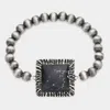 Fashnzfab Square Natural Stone Accented Stretch Bracelet Black, Silver Burnished In Multi