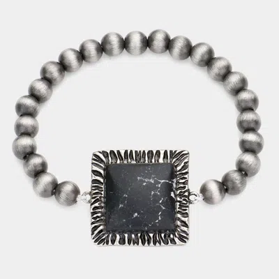 Fashnzfab Square Natural Stone Accented Stretch Bracelet Black, Silver Burnished In Multi