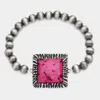 Fashnzfab Square Natural Stone Accented Stretch Bracelet Fuchsia, Silver Burnished In Multi