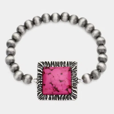 Fashnzfab Square Natural Stone Accented Stretch Bracelet Fuchsia, Silver Burnished In Multi