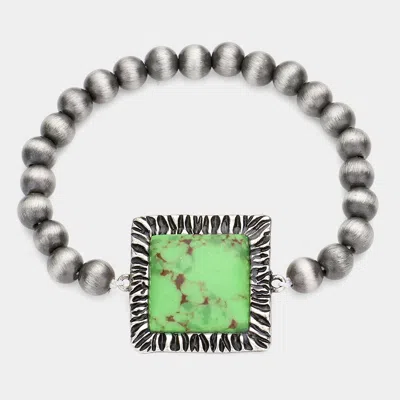 Fashnzfab Square Natural Stone Accented Stretch Bracelet Green, Silver Burnished In Multi