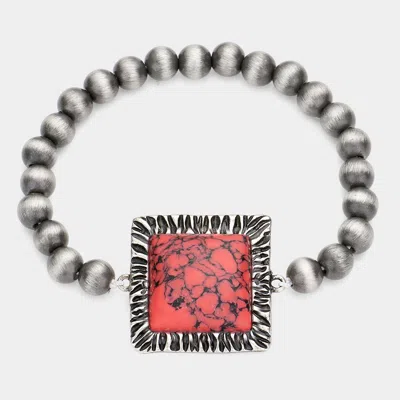 Fashnzfab Square Natural Stone Accented Stretch Bracelet Red, Silver Burnished In Multi