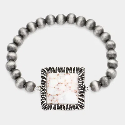 Fashnzfab Square Natural Stone Accented Stretch Bracelet Silver Burnished, White In Multi