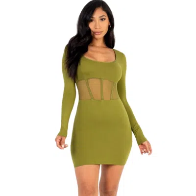 Fashnzfab Square Neck Mesh Corset Mini Dress In Green