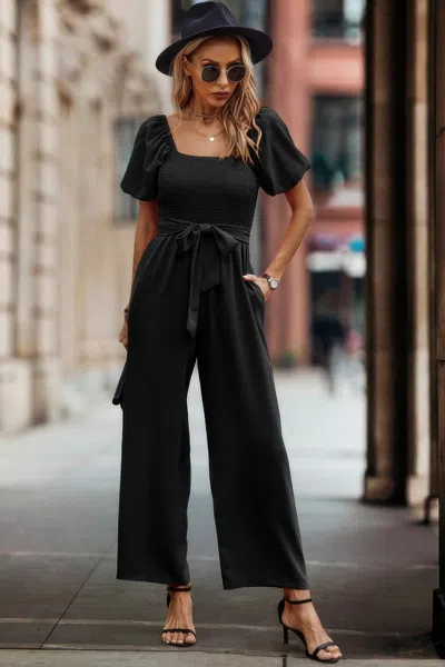 Fashnzfab Square Neck Puff Sleeve Belted Fit Jumpsuit