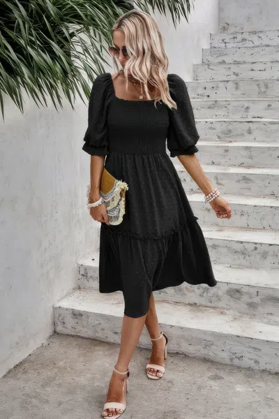 Fashnzfab Square Neck Puff Sleeve Ruffle Hem Dress In Black
