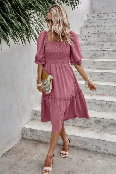 Fashnzfab Square Neck Puff Sleeve Ruffle Hem Dress In Pink