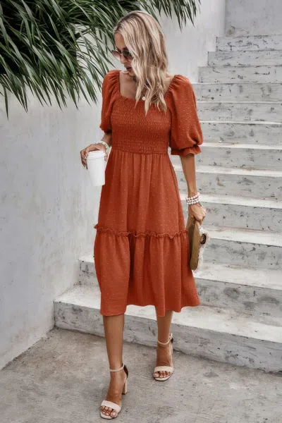 Fashnzfab Square Neck Puff Sleeve Ruffle Hem Dress In Orange