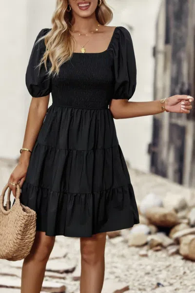Fashnzfab Square Neck Ruched Balloon Sleeve Smocked Midi Dress