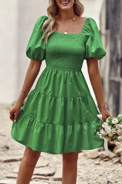 Fashnzfab Square Neck Ruched Balloon Sleeve Smocked Midi Dress