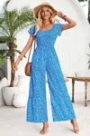 Fashnzfab Square Neck Ruched Dot Print Wide Leg Jumpsuit