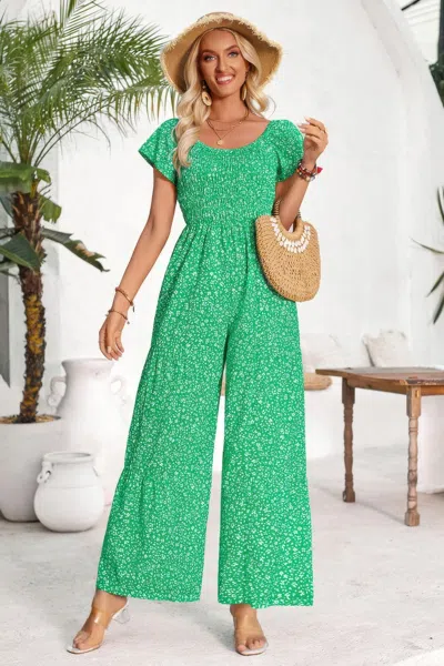 Fashnzfab Square Neck Ruched Dot Print Wide Leg Jumpsuit