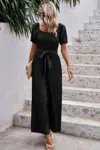 Fashnzfab Square Neck Ruffle Trim Belted Pleated Jumpsuit