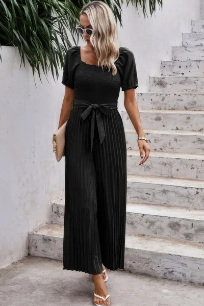 Fashnzfab Square Neck Ruffle Trim Belted Pleated Jumpsuit