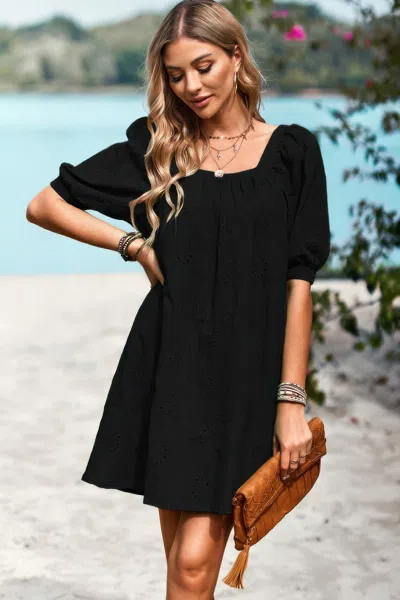 Fashnzfab Square Neck Short Bubble Sleeve Babydoll Dress In Black