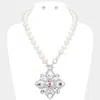 Fashnzfab Square Oval Glass Stone Embellished Pendant Accent Toggle Pearl Statement Necklace In Metallic