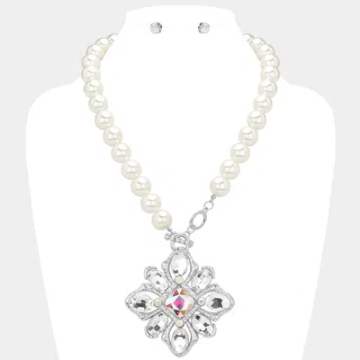 Fashnzfab Square Oval Glass Stone Embellished Pendant Accent Toggle Pearl Statement Necklace In Metallic