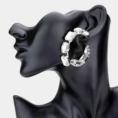 Fashnzfab Square Oval Stone Embellished Hoop Evening Earrings - Silver