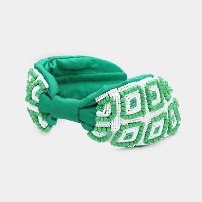 Fashnzfab Square Patterned Multi Beaded Headband In Green