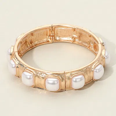 Fashnzfab Square Pearl Bead Embellished Hammered Metal Stretch Bracelet Cream In White