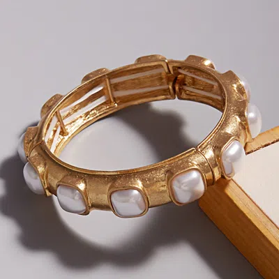 Fashnzfab Square Pearl Pointed Stretch Bracelet Cream, Gold In Multi