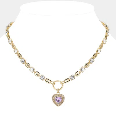 Fashnzfab Square Rhinestone Cluster Link Heart Stone Pendant Necklace In Purple
