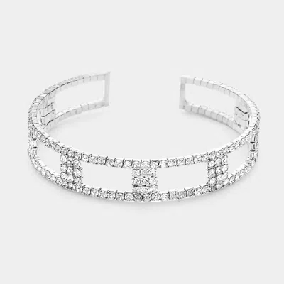 Fashnzfab Square Rhinestone Pave Accented Cuff Bracelet Silver In Metallic