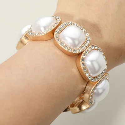 Fashnzfab Square Rhinestone Rim Pearl Frame Beaded Stretch Bracelet In White
