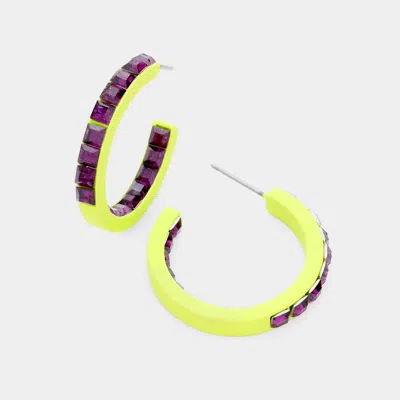Fashnzfab Square Rhinestone Stone Accented Hoop Earrings - Amethyst, Lime In Yellow