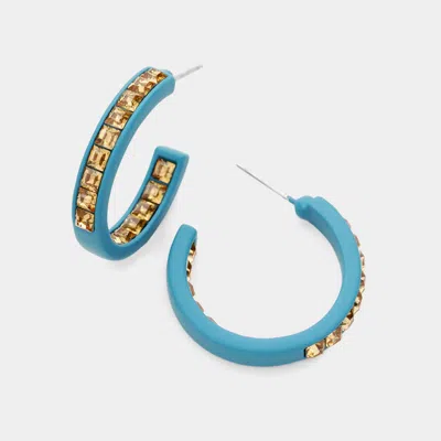 Fashnzfab Square Rhinestone Stone Accented Hoop Earrings - Lt Col Topaz, Teal In Blue