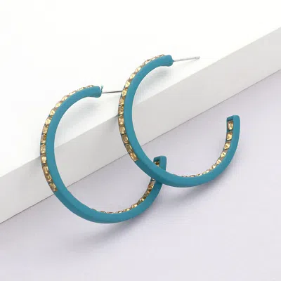 Fashnzfab Square Rhinestone Stone Accented Hoop Earrings - Lt Col Topaz, Turquoise In Blue