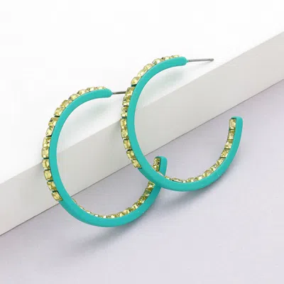 Fashnzfab Square Rhinestone Stone Accented Hoop Earrings - Turquoise, Yellow In Blue