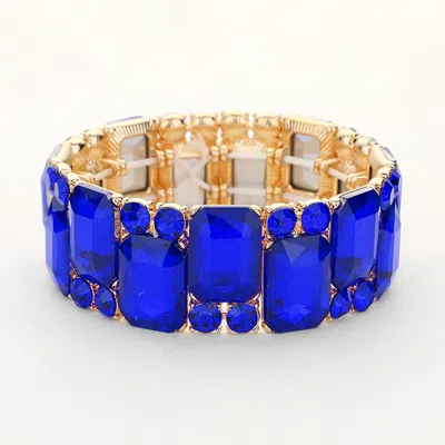 Fashnzfab Square Round Glass Stone Cluster Stretch Evening Bracelet Gold, Sapphire In Multi