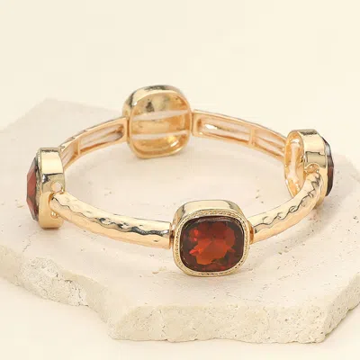 Fashnzfab Square Stone Bezel Accent Hammered Bar Beaded Stretch Bracelet In Brown