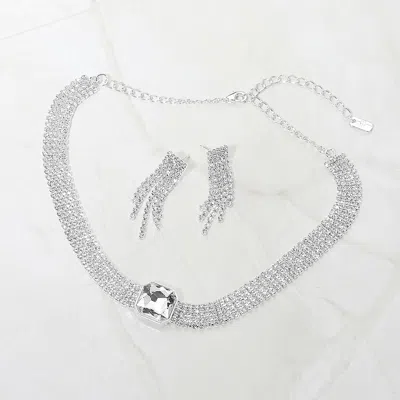 Fashnzfab Square Stone Center Rhinestone Chain Evening Choker Necklace In Silver