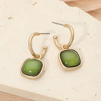 Fashnzfab Square Stone Drop Hoop Earrings In Green