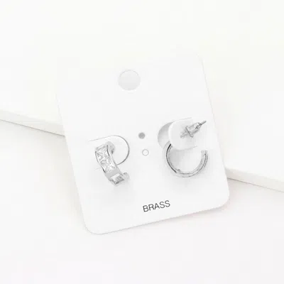 Fashnzfab Square Stone Embellished Brass Metal Hoop Earrings In Silver