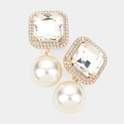 Fashnzfab Square Stone Pearl Link Dangle Evening Clip On Earrings In Gold