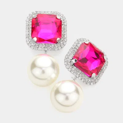 Fashnzfab Square Stone Pearl Link Dangle Evening Clip On Earrings In Pink