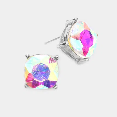 Fashnzfab Square Stone Stud Earrings - Ab, Rhodium In Blue